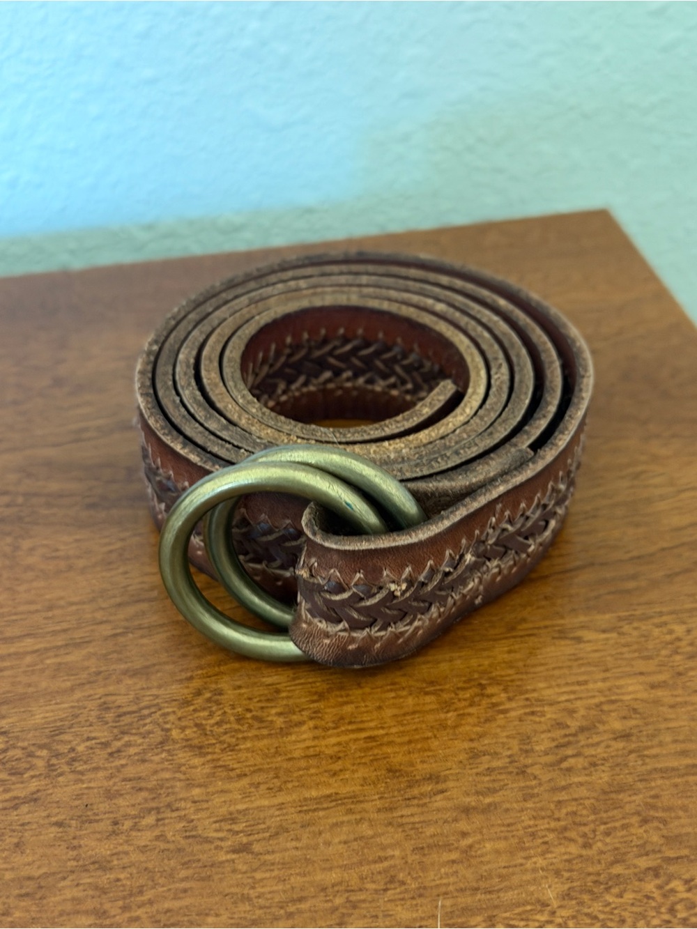 J. Crew Brown Woven Leather Belt with Brass Double-Ring Buckle